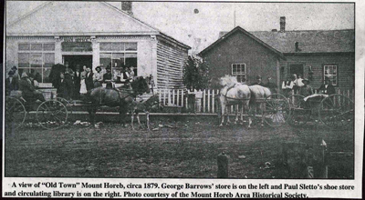 A view of "Old Town" Mount Horeb, circa 1879, with Paul Sletto's shoe store and circulating library on the right