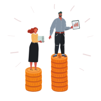 picture of man and woman standing on coins, with man on more coins